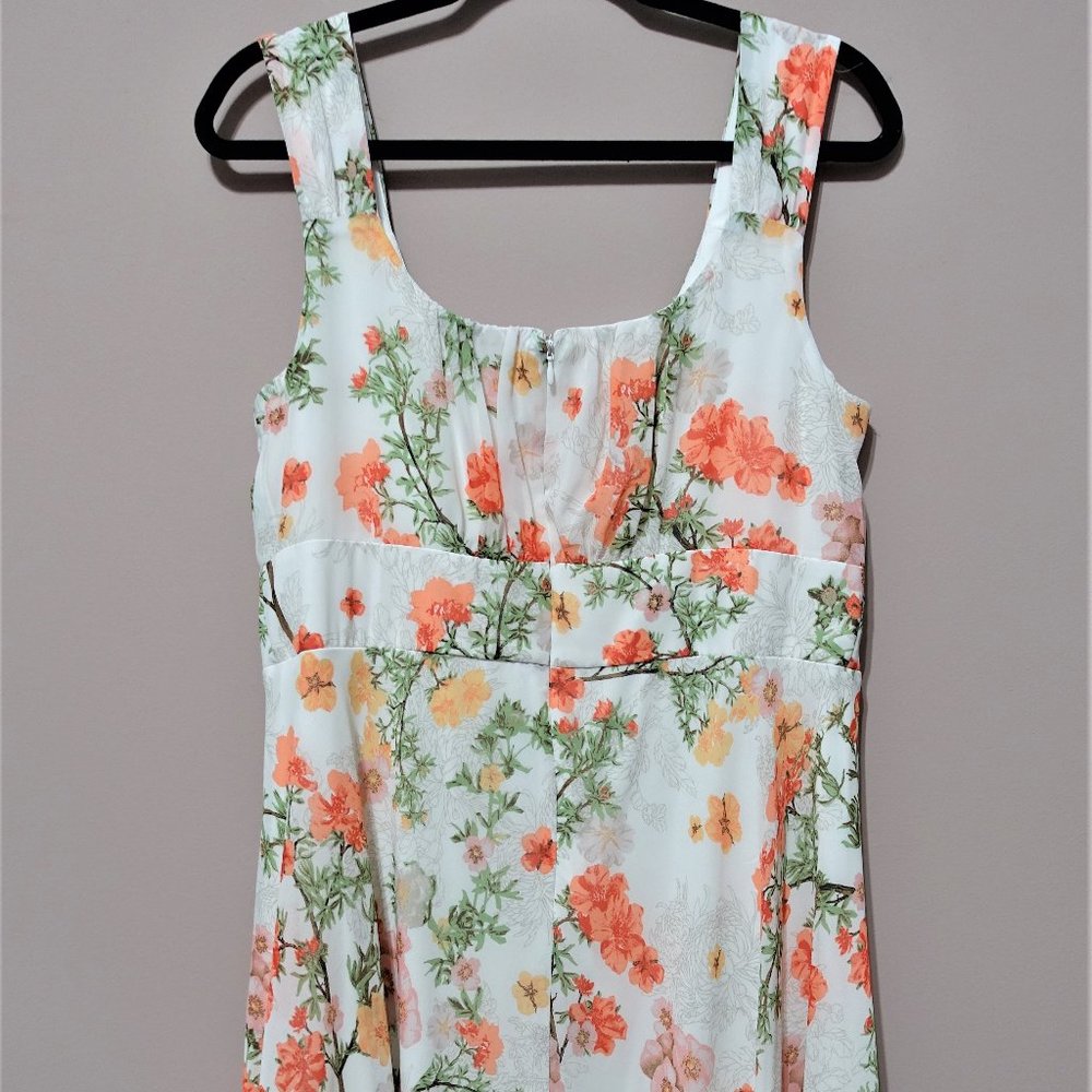 Chiffon Floral White Orange Pleated Square Neck Size Dress for Women  Girl 14 US